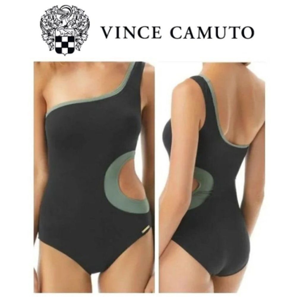 Vince Camuto Swim Womens Black Sage Green Colorblock Cut Out One Piece Size 4